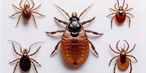 Close-up comparison of common dog parasites - fleas, ticks, and mites affecting dogs