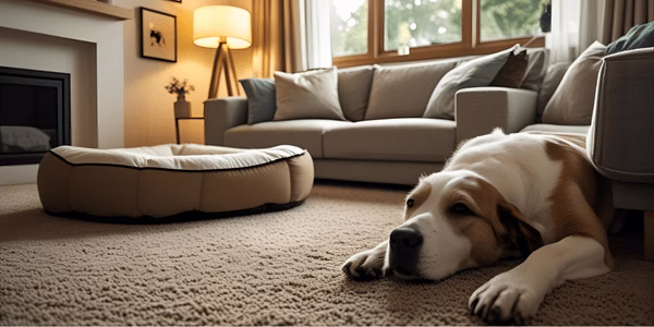 House interior showing common flea breeding areas - carpet, furniture, and pet bedding where fleas multiply