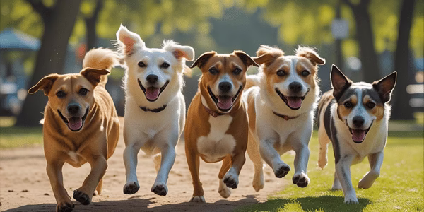 Group of happy, healthy dogs of different breeds playing outdoors - benefits of effective parasite prevention