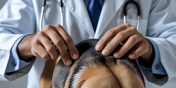 Veterinarian hands demonstrating skin tent test on dog's shoulder to check hydration status