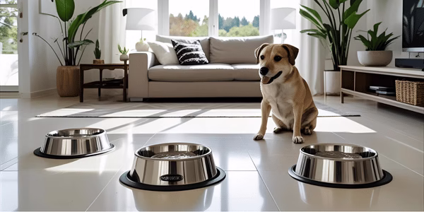 Multiple stainless steel water bowls placed strategically throughout modern living room for easy dog access