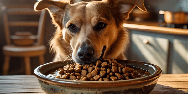 Dog eating moistened kibble with added broth from ceramic bowl for increased hydration