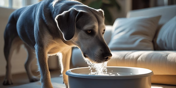 Senior dog with gray muzzle drinking from elevated stainless steel water bowl for comfortable access