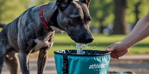 Active dog taking water break from portable bowl during outdoor exercise with owner