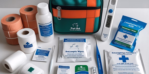 Pet first aid kit with bandages, thermometer, tweezers and emergency supplies laid out