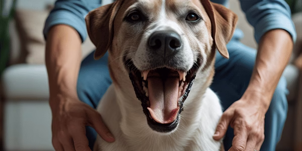 Dog with breathing difficulties being examined by owner checking gums for color