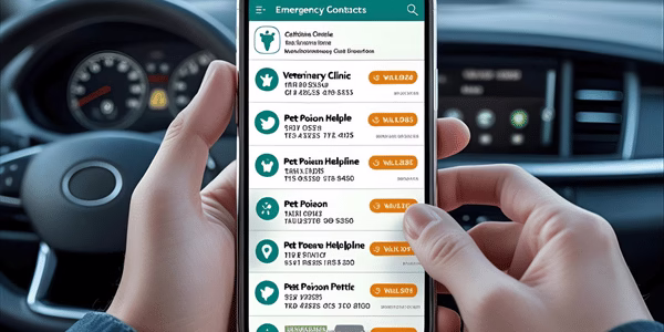 Smartphone displaying emergency vet contact numbers and pet poison helpline