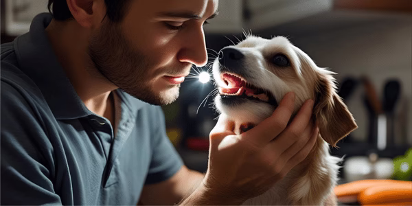 Pet owner carefully checking dog's mouth for choking obstruction with proper restraint