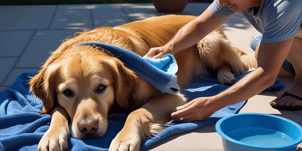 Dog receiving heatstroke treatment with wet towels and water in shaded area