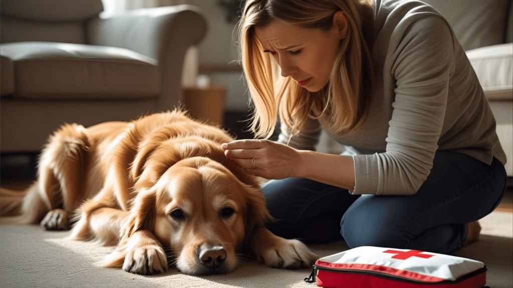 Pet owner checking dog's breathing during emergency assessment with first aid kit nearby