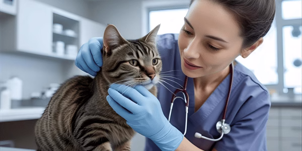 Veterinarian gently checking a cat for parasites during a regular clinic visit.