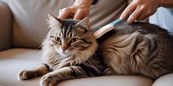 Cat being gently brushed by owner to monitor for fleas and maintain coat health.