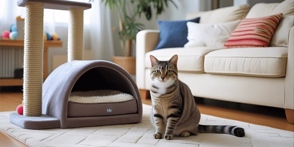 Clean and cat-friendly living room with healthy cat, demonstrating a parasite-free environment.