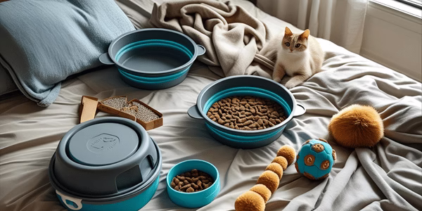 Flat lay of cat travel essentials including toys, treats, bowls, and blanket on a bed