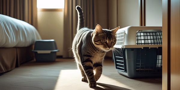 Cat exploring a quiet hotel room with a litter box and open carrier nearby