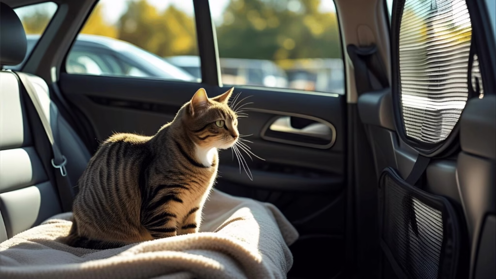Calm cat sitting inside a travel carrier in a car, peacefully looking out the window on a sunny day