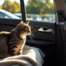 Calm cat sitting inside a travel carrier in a car, peacefully looking out the window on a sunny day