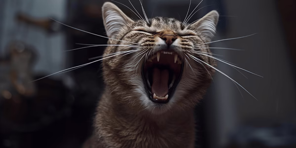 tressed cat hissing with ears back inside a house.