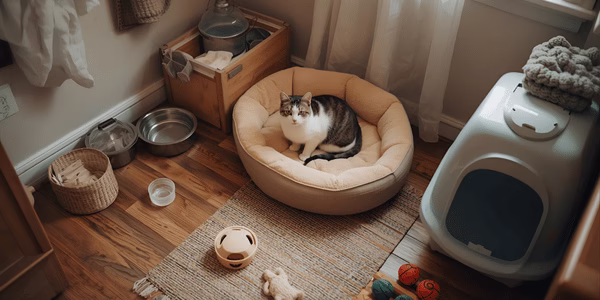 Cat sitting in a cozy safe room corner with food, litter box, and toys after moving.