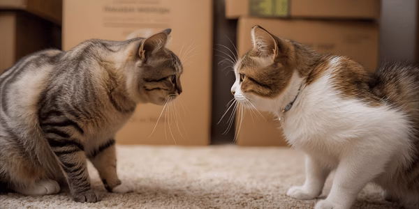 Two cats facing off in a living room with moving boxes behind them.