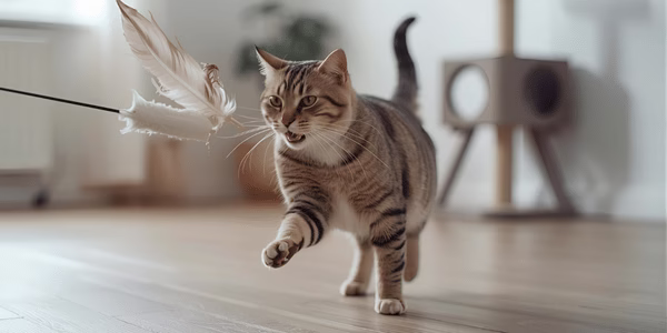 Cat playing with a feather wand toy in a bright living room with a cat tree.