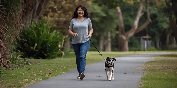 Owner walking dog on a loose leash calmly past another dog without tension.