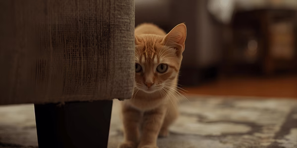 Stressed cat hiding behind furniture with anxious expression