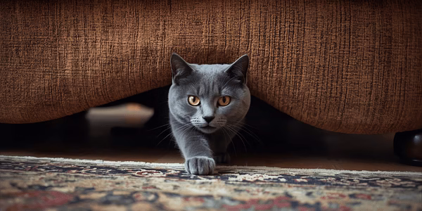 Gray cat carefully emerging from under couch in living room