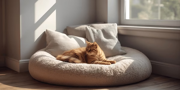 Cozy cat bed in quiet corner creating safe hiding space