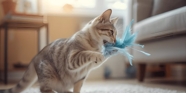Cat playing with interactive feather toy during play therapy session